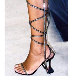 Sexy Rhinestone Knee high Gladiator Sandals Women Lace Up Ladies Party Shoes Nightclub Strappy heels Designer Shoe For Woman