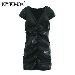 Women Chic Fashion Faux Leather Pleated Mini Dress Vintage Short Sleeve Back Zipper Female Dresses Vestidos Mujer 210416