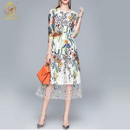 High Quality Fashion Designer Dress Women's Half Sleeve Mesh Embroidery Flowers Vintage Long Dresses Vestidos 210520