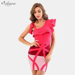 Summer Ladies Ruffled Sexy One-Shoulder Patchwork Rayon Tights Bandage Mini Dress Elegant Celebrity Party 210525