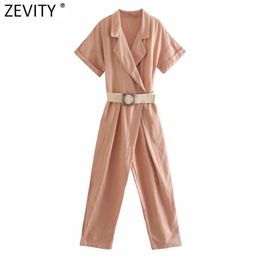 Women Turn Down Collar Solid Colour Sashes Ankle Length Jumpsuits Chic Ladies Short Sleeve Casual Business Rompers DS8258 210416