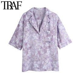 TRAF Women Fashion Printed Button-up Asymmetry Loose Blouses Vintage Short Sleeve Side Vents Female Shirts Chic Tops 210415
