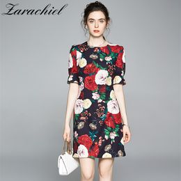 High Quality S-XXL Fashion Sequined Beading Floral Runway Women Puff Sleeve Peony Flower Print Female Summer Party Dress 210416