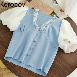 Korobov Korean New Arrival Lace Patchwork V Neck Women Sweaters Vintage Single Breasted Puff Sleeve Knitted Blusas Mujer 210430