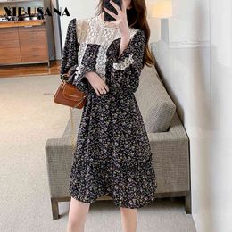 Mini Chiffon Dress Patchwork Lace Women Spring Autumn Fashion Female Long Sleeve Printed Floral Casual Dresses 210423