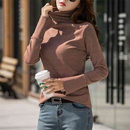 Turtleneck T-shirt Women Spring Striped Flare Sleeve Buttons Basic T shirt Tops Tee ropa mujer T9D008Y 210421