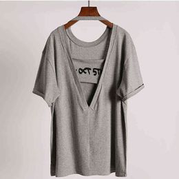 harajuku sexy Back hollow women t shirt summer oversized letter print tshirt female korean casual loose Grey tops long t-shirts G220310