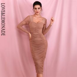 nude collar dress UK - Nude Square Collar Elastic Mesh Slim Long Sleeve Over-The-Knee Party Dress (With Lining) LM81941-1 210602