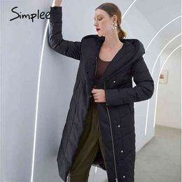 Fashion black hooded parkas warm cotton padded winter jackets for women office long female coat 210414