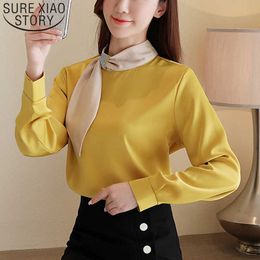 Korean Clothing Chiffon Solid Stand Blouse Women OL Vintage White Long Sleeve Shirts Women Blusas Mujer De Moda 8292 50 210528