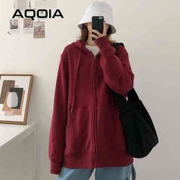 Casual Zip-Up Loose Womens Hoodies Sweatshirt Solid Color Women Oversize Thin Autumn INS Fashion Female 210521