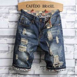 Summer Men Vintage Ripped Short Jeans Streetwear Hole Slim Denim Shorts Male Brand Clothes 210806