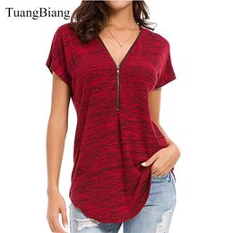 Women Short Sleeve zipper Spring T shirts Colored Cotton Ladies Deep V-Neck feminine T-shirt loose Striped Summer Sexy Tops 210401