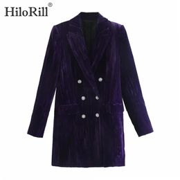 Chic Purple Velvet Suit Dress Women Beading Buttons Vintage Mini Female Notched Collar Long Sleeve Office es 210508