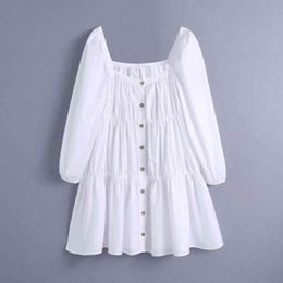 Women Casual Poplin Pure White Mini Dress Summer Single Breasted Puff Long Sleeve Ruffle Bodycon Outfits Square Collar Tops 210521