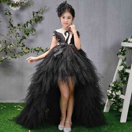 Swan Crystal Tulle Trailing Flower Girl Dresses Ball Gown Kids Pageant Dress Birthday Party High-end Feather Princess Dresses G1218