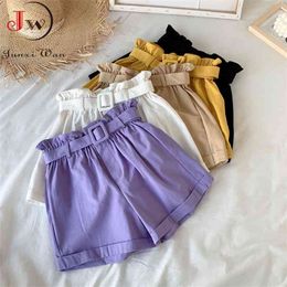 Women Casual High Waist Loose Cotton Short Pants Summer Elegant Sweet Girls All-Match Wide Leg Shorts With Belt Korean 210719