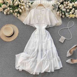 Women Fashion V-neck Hollow Ruffled Short Sleeve A-line Dress Summer Korean Vintage Vestidos Clothes S402 210527