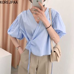 Korejpaa Women Shirt Summer Korean Chic Gentle Temperament Milk Soft V-Neck Cross Strap Design Puff Sleeve Blouse 210526