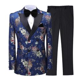 Men suits Autumn 2020 Fashion Flower print British style 2 pcs blazer with pants set Wedding party Dress prom Tuxedo suit X0909