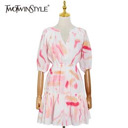 Casual Print Summer Dress For Women V Neck Lantern Half Sleeve High Waist Mini Dresses Female Fashion Clothing 210520