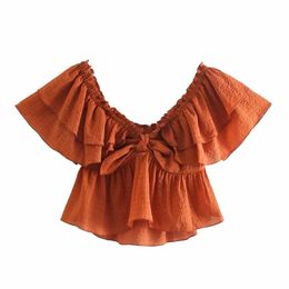 Summer Women V Neck Cascading Ruffle Knot Short Shirt Female Butterfly Sleeve Blouse Casual Lady Loose Tops Blusas S8901 210430