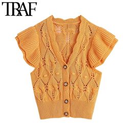 TRAF Women Fashion With Ruffles Cropped Knitted Vest Sweater Vintage Sleeveless Button-up Female Waistcoat Chic Tops 210415