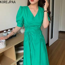 Korejpaa Women Dress Summer Korean Fashion Gentle Temperament Solid V-neck Lace-up Drawstring Design Waist Long Dresses 210526