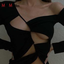 Women Sexy Y2K Top Asymmetrical Long Sleeve Hollow Out Teeshirt Fairy Grunge Outfits Summer Beach Club Party Streetwear 210517