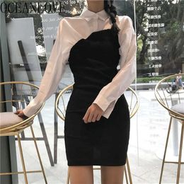 Spring Autumn Bodycon Dress Black White Contrast Colour Vestidos Vintage High Waist Fashion Mini Dresses 15534 210415