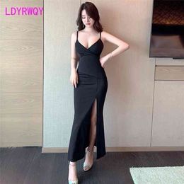 LDYRWQY summer Korean style sexy V-neck high slit bag hip sling fashion slim dress Office Lady Polyester 210416