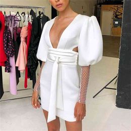 Women Dress Sexy Bodycon Vintage Puff Sleeve Backless Fashion Party Club Celebrity Summer V Neck Clothes 210515