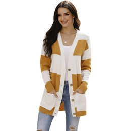 Autumn Cardigans for Women Slim Ribbed Patchwork V Neck Long Sleeve Buttoned Cardigan Knit Outwear Khaki Sweaters Teens Girl 210604
