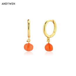 ANDYWEN 925 Sterling Silver Gold Pumpkin Eanmel Piercing Pendiente Drop Earring Dangle Charm Luxury Jewellery Party 210608