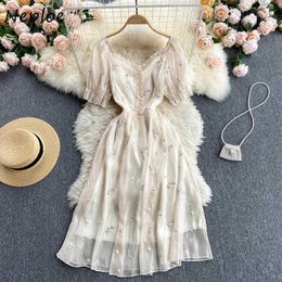 Neploe Heavy Work Flower Embroidery Wooden Ear Long Dress Women High Waist Hip A Line Slim Vestidos Summer Short Sleeve Robe C0607