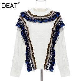 Knitting Ruffles Spliced Sweater Loose Fit Round Neck Long Sleeve Women Pullovers Fashion Tide Spring Autumn GX218 210421