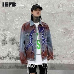 IEFB Spring Men's Streetwear Fashion Denim Jacket Loose Casual Long Sleeve Single Breasted Button Lace Denim Coat Y5011 210524
