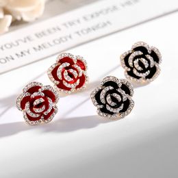 European Vintage Micro Diamond Rose Stud Earrings Women Luxury Brand Red Black Flower 3A Zircon Earrings Charm Female s925 Silver High Grade Earrings Jewellery Gift