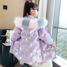 Fashion Girls Winter Coat Fur Hooded Parkas Children Thickening Warm Bright Jacket For Outwear TZ659 211027