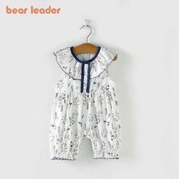 Bear Leader Summer Flowers Clothes Toddler Baby Floral Print Rompers Infant Girls Ruffles Collar Bodysuits born Clothing 0-2Y 210708