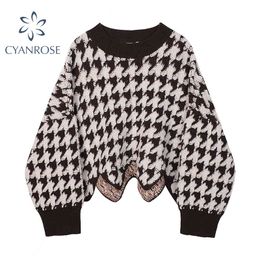 Women Plaid Crop Sweater V Neck Long Sleeve Pullover Elegant Knit Tops Sweater Top Fashion Autumn Irregular Pullovers Femal 210417