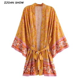 Women Bohemian Yellow V neck Flower Print Kimono Shirt Holiday Beach Tide Bow Sashes Mid Long Cardigan Blouse BOHO Tops 210429