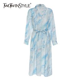 TWOTWINSTYLE Print Tie Dye Dress For Women Lapel Long Sleeve High Waist Lace Up Bowknot Chic Dresses Female Fashion 210517