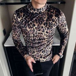 Leopard Velvet T Shirt Men Long Sleeve Casual Slim Fit Tshirt Vintage half Turtleneck Man Streetwear club Tops Tees Clothing 210527