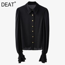 Spring And Summer Solid Black Simple Single Row Metal Button Lace Pleated Bubble Long Sleeve Shirt For Women GX1231 210421