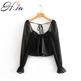 H.SA Women Summer Black and Long Sleeve Organza Bow Tie Tops Ladies Party Blusas Short Sexy Transparent Blouse 210417