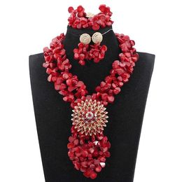 Earrings & Necklace 2 Layers Dark Red Chip Coral African Bride Jewellery Set Nigeria Wedding Bib Bracelet AC115