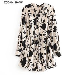 Contrast Colour Flower Print Lacing Up Tie Bow Sashes Women Shirt Elegant Long Sleeve Single Breasted Buttons Blouse OL Tops 210429