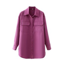 Elegant Women Purplish Red Shirts Fashion Ladies Turn Down Collar Pocket Tops Causal Female Chic Satin Soft Blouse 210527