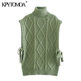 Women Fashion With Bow Tied Cable-knit Vest Sweater High Neck Sleeveless Female Waistcoat Chic Tops 210420